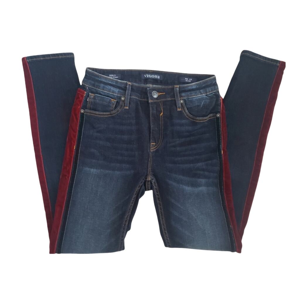 Vigoss Mid Rise Marley Skinny Dark Wash Jeans Womens 26 Gothic Red Velvet Stripe